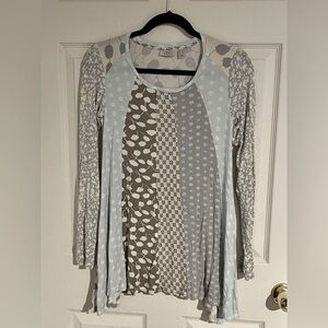 LOGO by Lori Goldstein Multi Print Long Sleeve Knit Top, Cream Grey, Sz XXS
